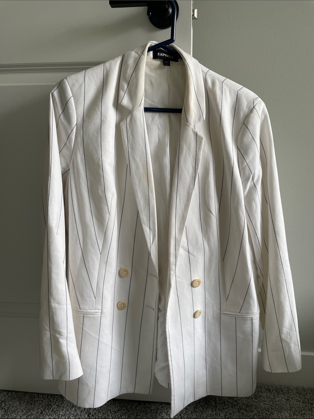 Express White Blazer with Thin Navy Stripes